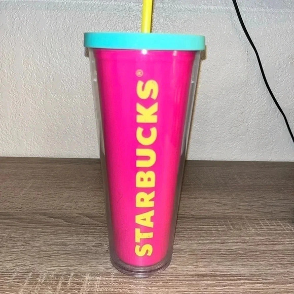 Starbucks 2014 Retro Summer Neon Pink Yellow Teal Venti 24 oz Cold Cup Tumbler - Picture 1 of 4